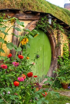 HOBBITON, NEW ZEALAND - JANUARY 20, 2023 - Famous Hobbiton village in Matamata from the movies The Hobbit and Lord of the Rings, New Zealand