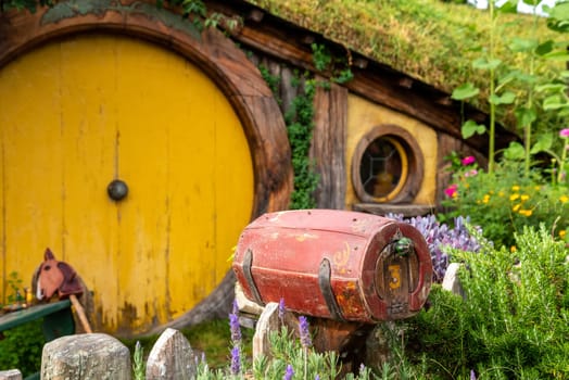 HOBBITON, NEW ZEALAND - JANUARY 20, 2023 - Famous Hobbiton village in Matamata from the movies The Hobbit and Lord of the Rings, New Zealand