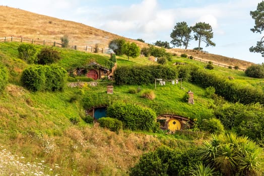 HOBBITON, NEW ZEALAND - JANUARY 20, 2023 - Famous Hobbiton village in Matamata from the movies The Hobbit and Lord of the Rings, New Zealand
