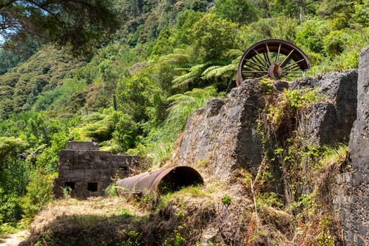 Remains of an old stamping battery in Karangahake of the past gold rush time, Coromandel peninsula, New Zealand