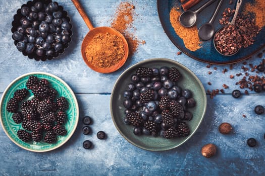 Organic Blueberry and blackberry berries, cinnamon, brown sugar and cocoa, baking ingredients