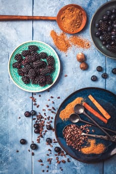 Organic Blueberry and blackberry berries, cinnamon, brown sugar and cocoa, baking ingredients