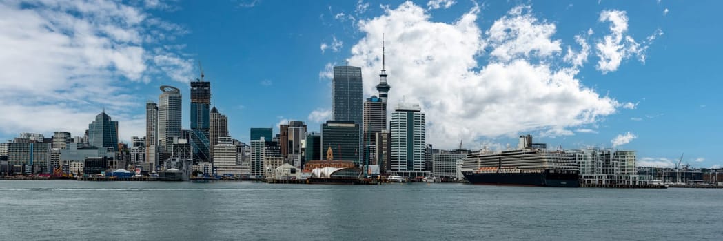 AUCKLAND, NEW ZEALAND - JANUARY 24, 2023 - Panoramic view of the Auckland skyline from seaside, New Zealand