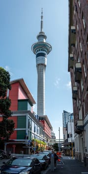 AUCKLAND, NEW ZEALAND - JANUARY 24, 2023 - Close view of Sky Tower in Auckland, New Zealand