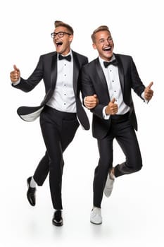 Happy dancing Gay Couple on there Marriage Day isolated on white background. artificial art