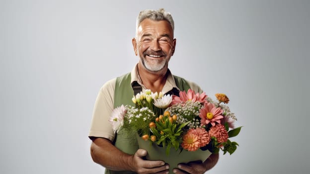 Happy senior gardener with a beautiful bouquet of flowers on bright background - generative artificial art
