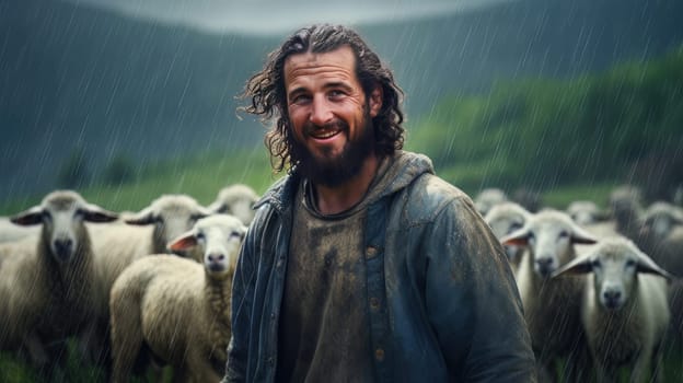 Attractive male shepard with dirty cloth and his flock of sheeps exposed to the cold and the rain - generated artificial art