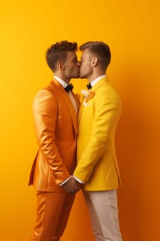 Happy Gay Couple on there Marriage Day isolated on orange background. artificial art