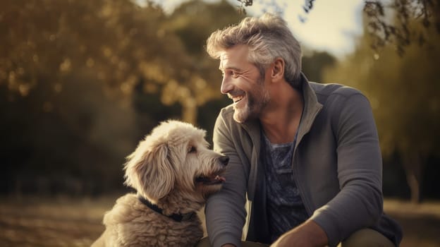 Happy laughing Man with his beautiful Doodle Dog having Fun. Artificial Art.