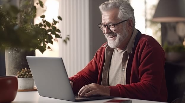 Senior Adult with eyeglasses having fun to usie a laptop - generative Artificial art