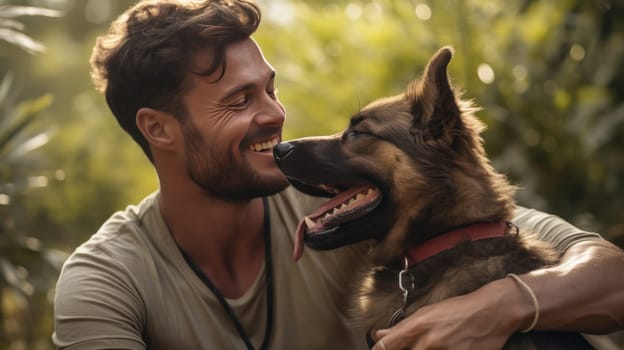 Happy laughing Man with his beautiful German Shepard Dog having Fun. Artificial Art.