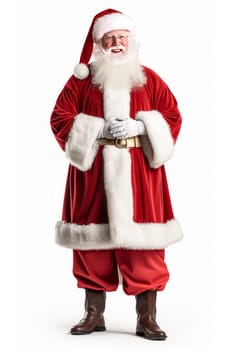 Studio Shot from happy Santa Clause with Eye Glasses and a long white beard and white background. Picture created with Artificial Art.