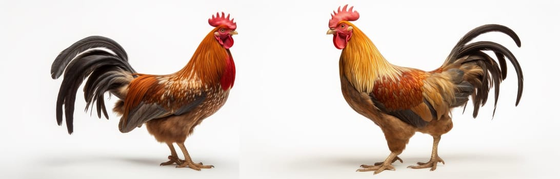 Collage with two chicken cocks isolated on white background. Artificial Art
