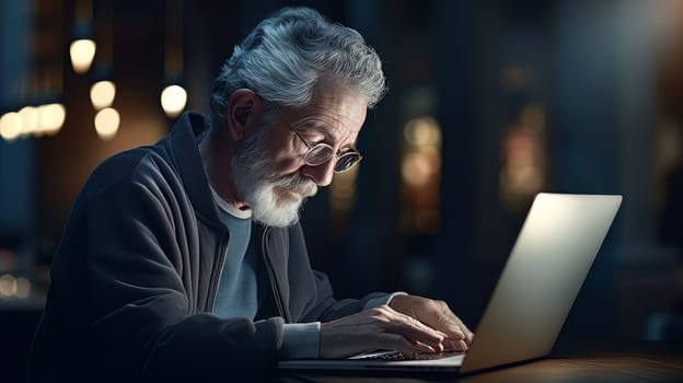 Senior Adult with eyeglasses having fun to usie a laptop - generative Artificial art