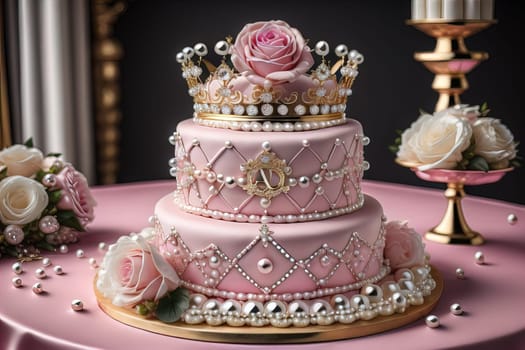 Wedding cake decorated with pink roses and gold crown on the table. ai generative