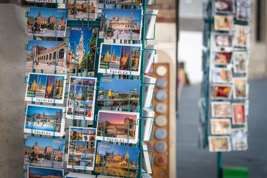 june 26 2019 Seville, Spain : souvenir postcard sales in Seville, Spain