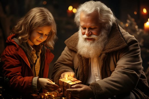Santa Claus gives gift box to child, family on christmas eve, celebrate traditional winter holiday, generative AI