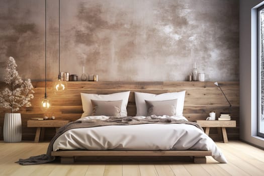 Modern bedroom with a bed, pillow and blanket, plant and wooden floor, minimal lifestyle, empty wall, generative AI