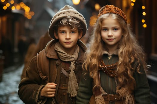 Children on christmas eve walking through the village, greeting card, winter season, generative AI