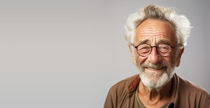 Portrait of a happy old man with eyeglasses, smiling face, pensioner with white hair, clean studio background, generative AI