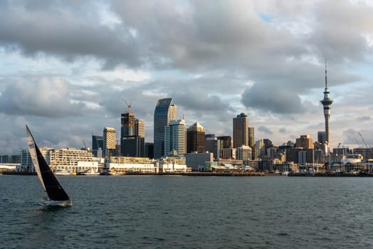 Famous skyline of Auckland Central Business District during sunset, people anjoying the warm summer evening on their sailboats, New Zealand