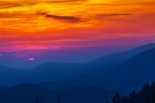 View of landscape nature and mountain with sunlight and sunset or sunrise in twilight, Ai Generate