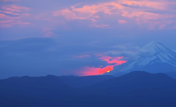 View of landscape nature and mountain with sunlight and sunset or sunrise in twilight, Ai Generate