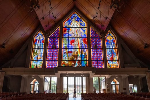 AUCKLAND, NEW ZEALAND - JANUARY 29, 2023 - Impressive windows of the Holy Trinity Cathedral in Auckland, New Zealand