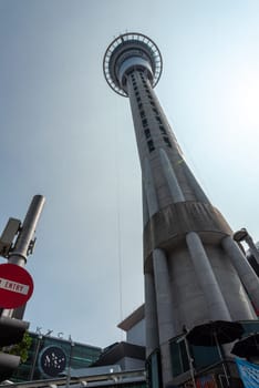 AUCKLAND, NEW ZEALAND - JANUARY 29, 2023 - View of the Skytower from the streets of Auckland, New Zealand