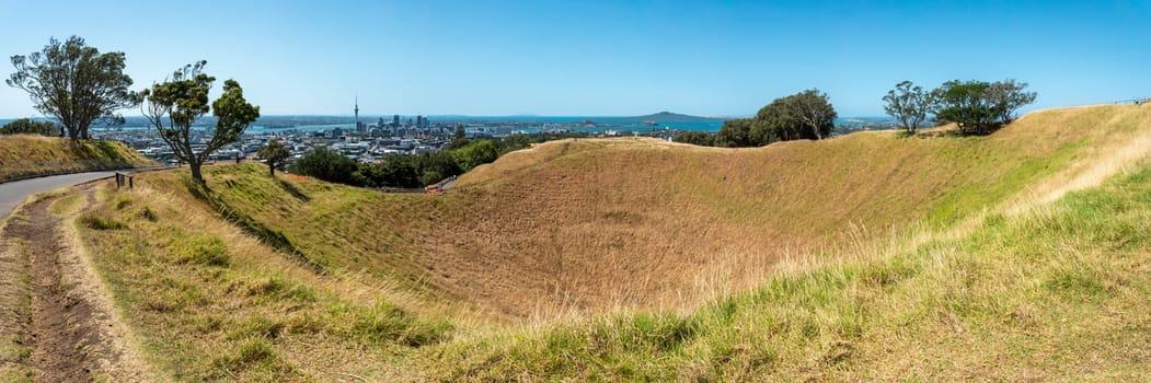 View on Auckland Central Business District from Mount Eden Volcanic Park, New Zealand