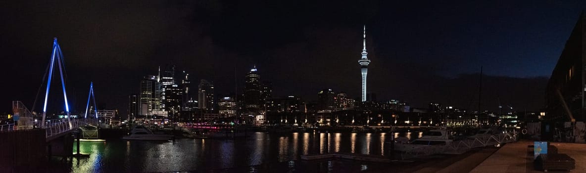 Auckland marina at night, the Skytower in the background, New Zealand