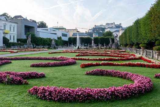 Early Morning in the Mirabell Palace Garden in Salzburg, View of the Castle Hohensalzburg, Austria