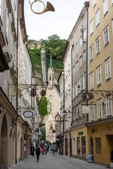 The Getreidegasse in Salzburg, Street of the Birth House of Amadeus Mozart, Austria