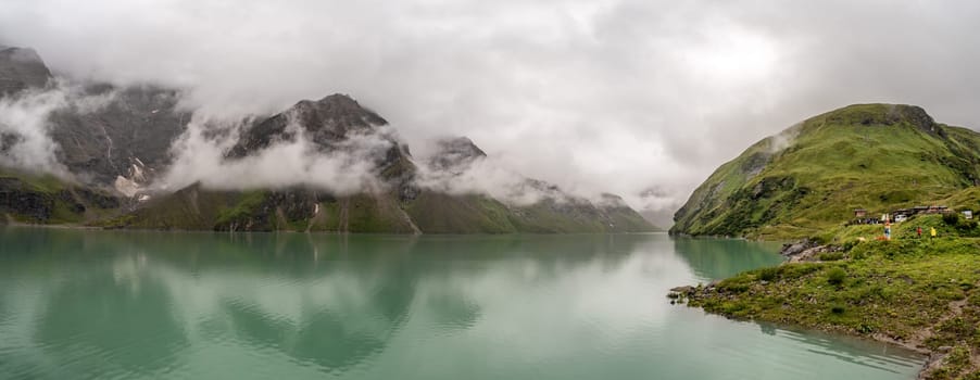 Panoramic view from Mooserboden reservoir and the surrounding mountain landscape near Kaprun, Austria