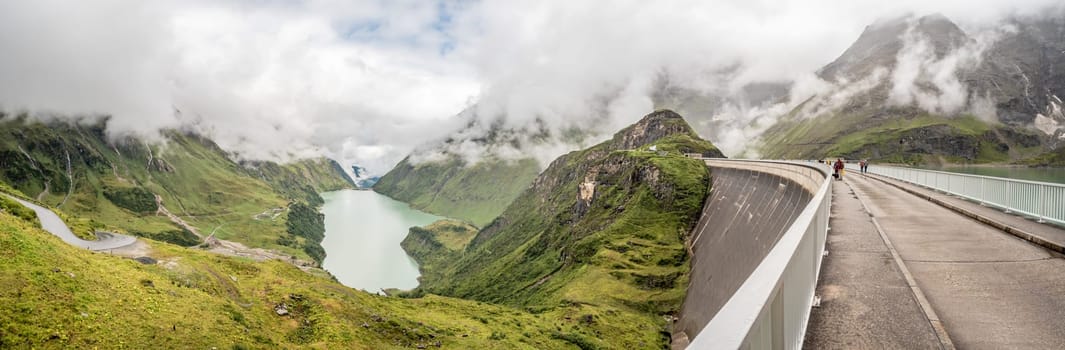 Panoramic view from Mooserboden reservoir and the surrounding mountain landscape near Kaprun, Austria