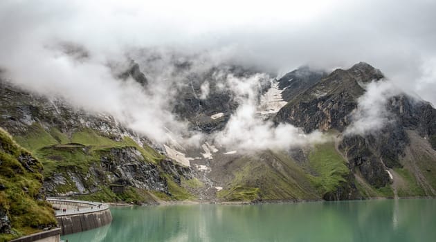 Panoramic view from Mooserboden reservoir and the surrounding mountain landscape near Kaprun, Austria