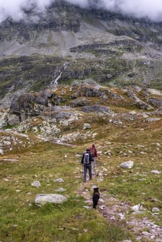 Woman hiking with her dog in the High Tauern National Park, the Austrian alps