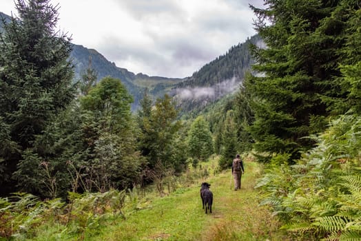 Woman hiking with her dog in the High Tauern National Park, the Austrian alps