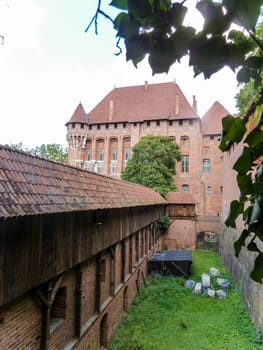 MALBORK, POLAND - SEPTEMBER 03, 2020 - Battlements in the castle of the Teutonic Order in Malbork, Poland