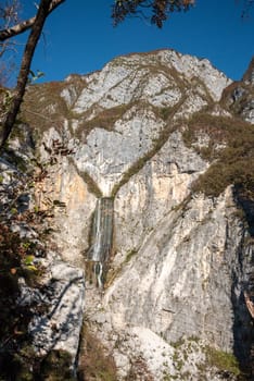 Iconic Boka waterfall in the Soca valley in the Julian Alps, Slovenia