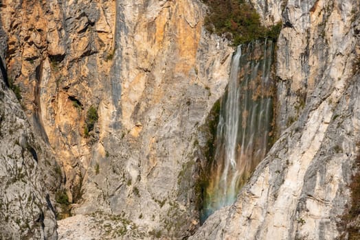 Iconic Boka waterfall in the Soca valley in the Julian Alps, Slovenia