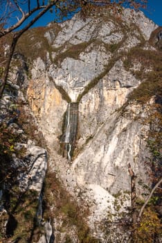 Iconic Boka waterfall in the Soca valley in the Julian Alps, Slovenia