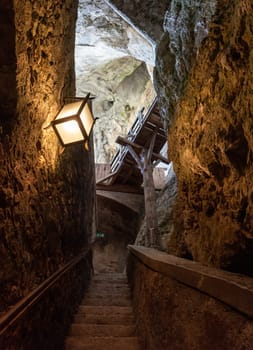 Inside a beautiful medieval cave castle, European Alps