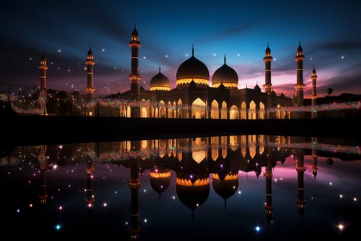 Silhouette of a mosque with colorful lights for Mawlid festivities