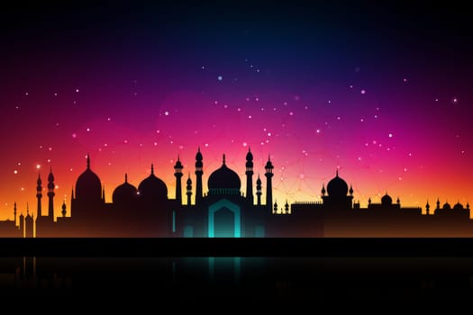 Silhouette of a mosque with colorful lights for Mawlid festivities