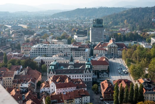 Aerial view over downtown Ljubljana, the university and Ursuline church in the center, capital city of Slovenia