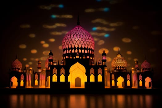 Silhouette of a mosque with colorful lights for Mawlid festivities