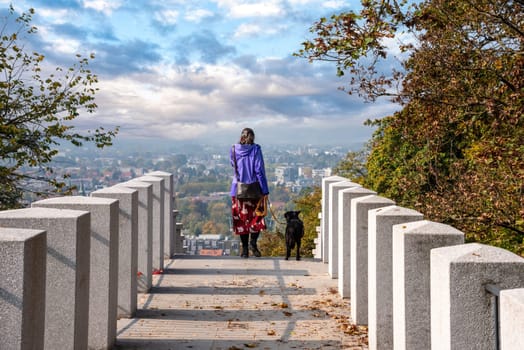 A woman walking with her dog in the castle park of Ljubljana, capital city of Slovenia