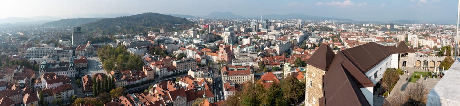 Aerial view over downtown Ljubljana, university and Ursuline church at the right, the Slovenian capital city