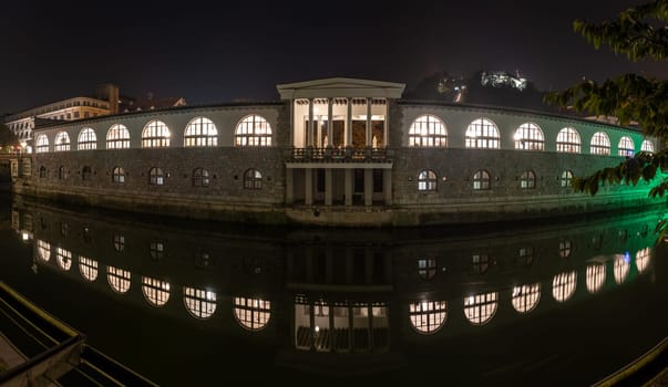 Iconic building of the central market in Ljubljana illuminated at night, Slovenia